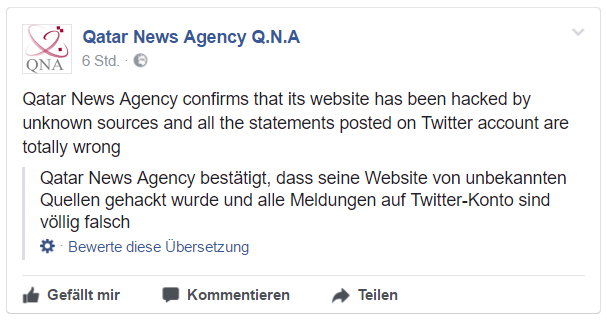 Meldung auf Facebook zu Falschmeldungen auf Twitter von Scheich Tamim bin Hamad Al-Thani